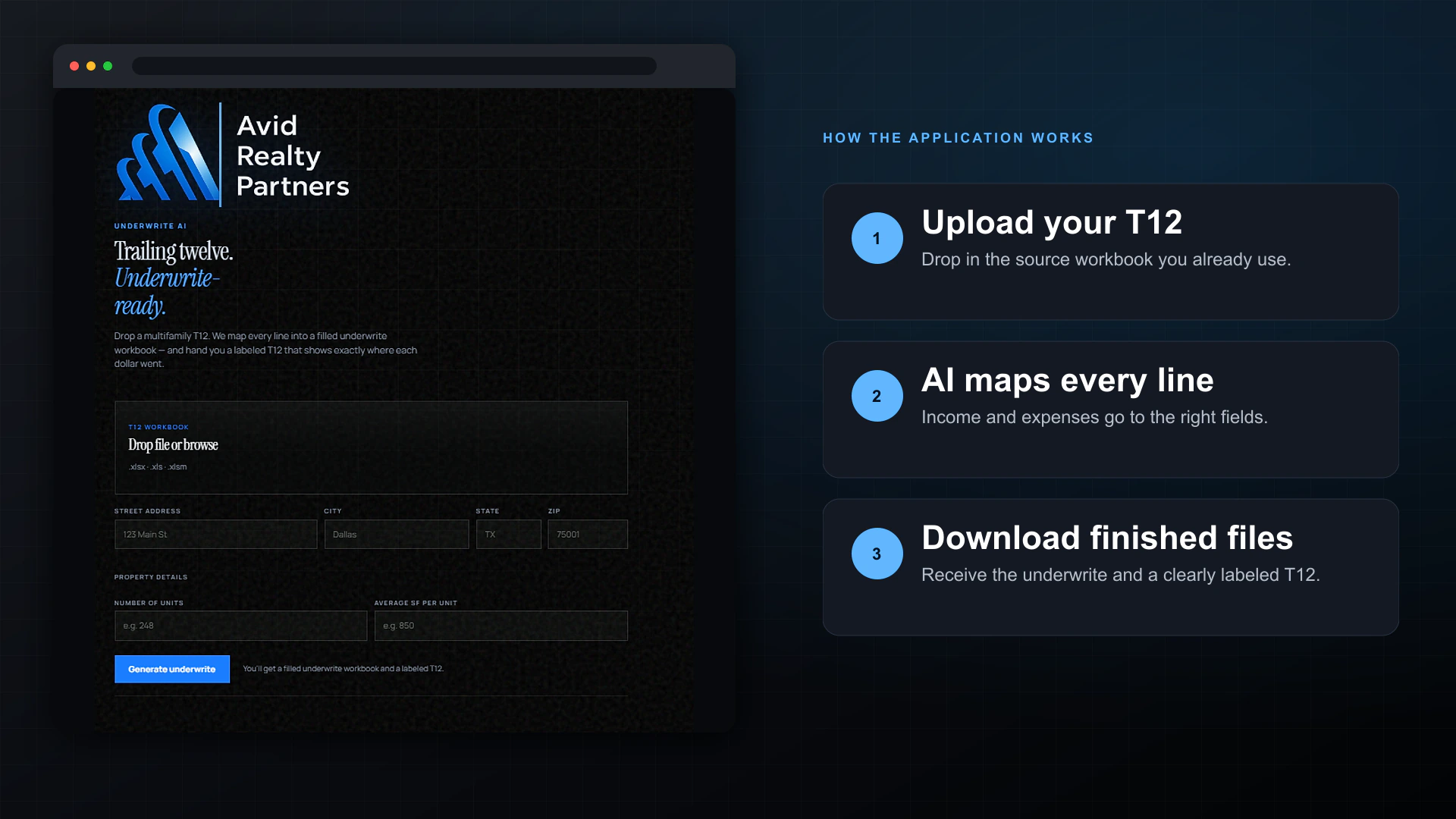 Underwrite AI application with a three-step upload, automatic mapping and download workflow