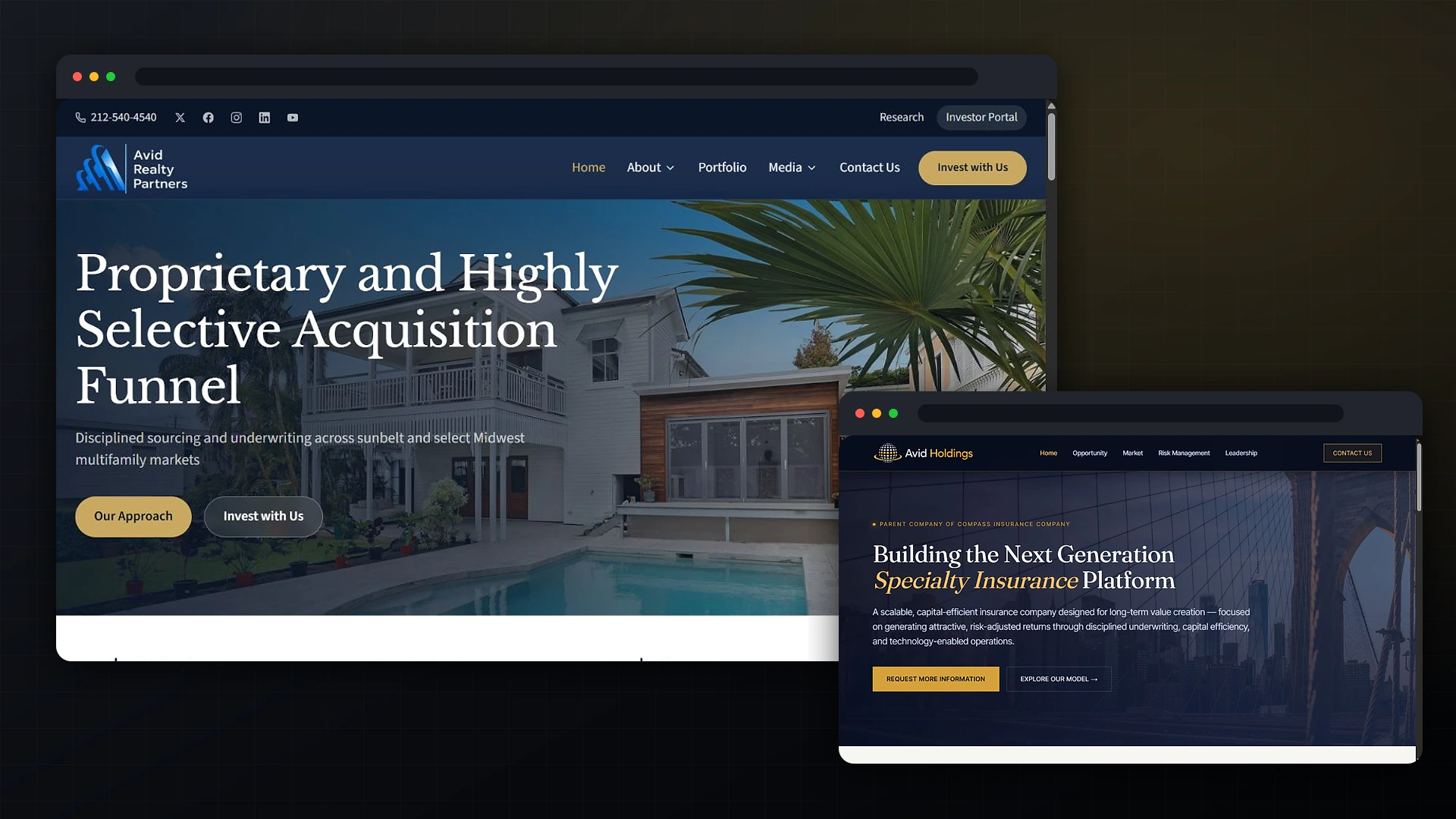 Live Avid Realty Partners and Avid Holdings websites shown in desktop browser windows
