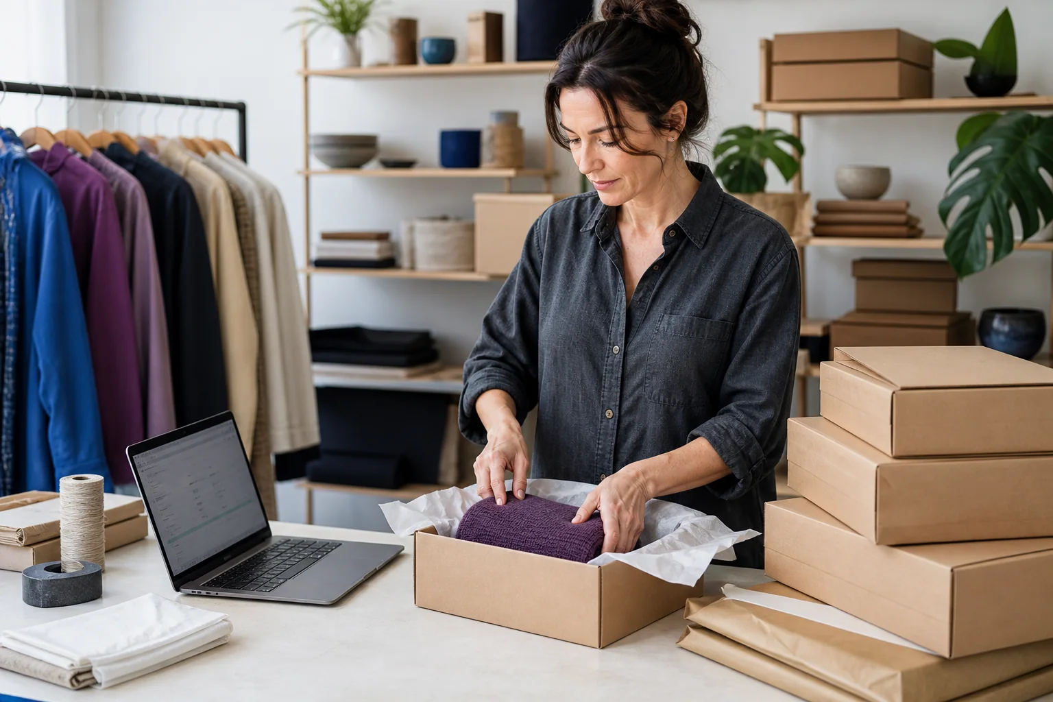 Independent shop owner packing an online order beside a laptop