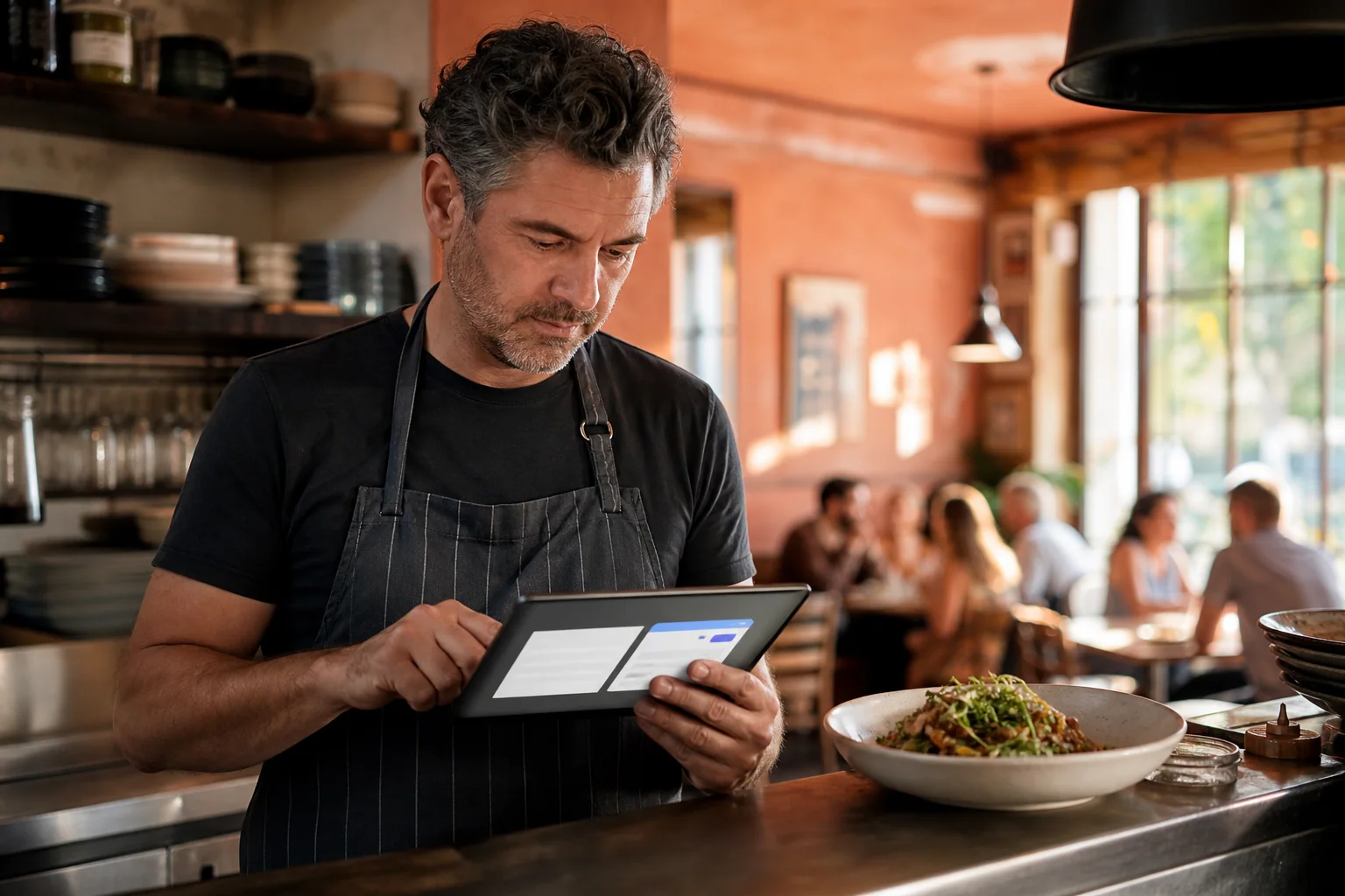 Restaurant owner checking an online order beside a prepared dish
