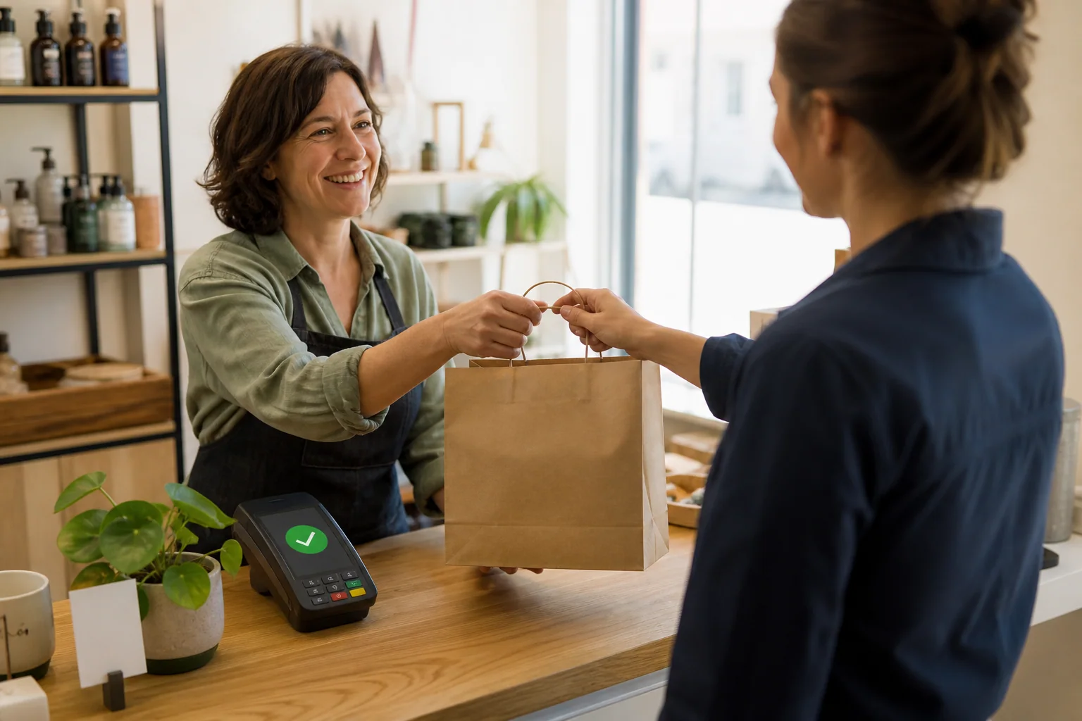 Customer checking out in a retail setting